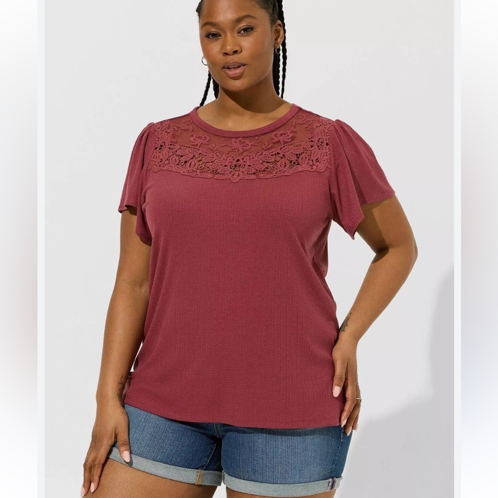 Torrid Texture Jersey Crew Neck Flutter Sleeve Crochet Top Women’s 3 (3X)